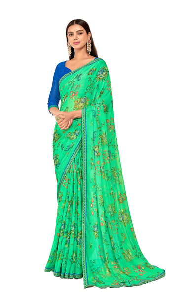 Floral Print Chiffon Saree With Attached Border (Parrot Green)