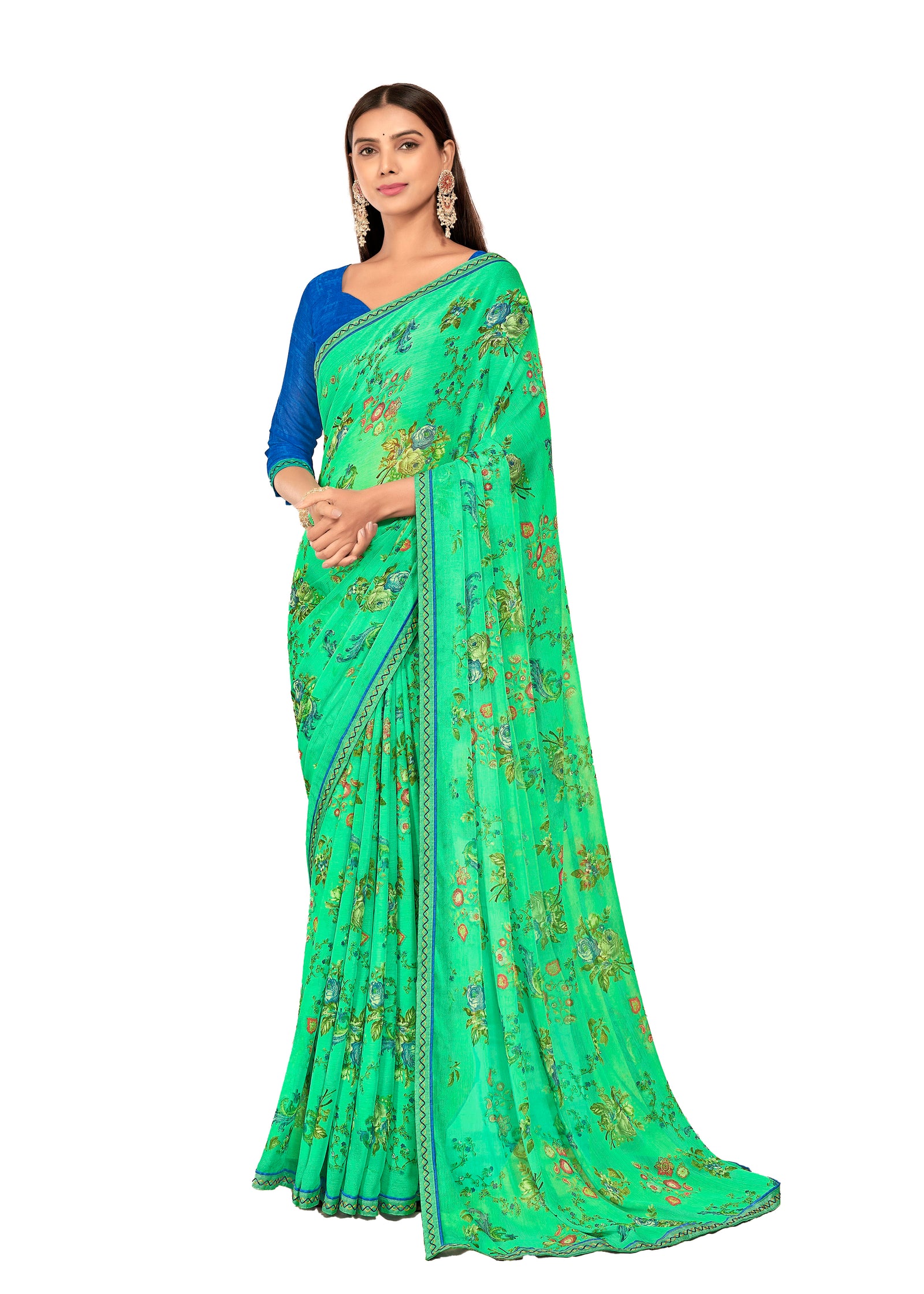 Floral Print Chiffon Saree With Attached Border (Parrot Green)