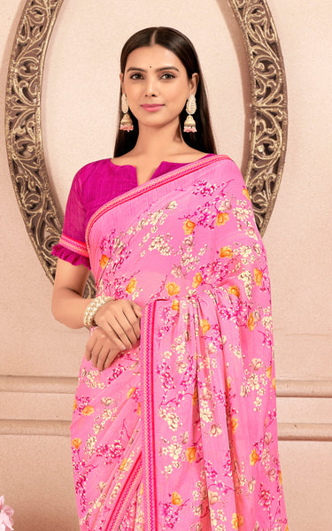 Floral Print Chiffon Saree With Attached Border (Pink)