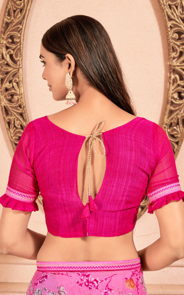 Floral Print Chiffon Saree With Attached Border (Pink)