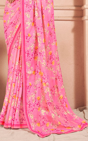Floral Print Chiffon Saree With Attached Border (Pink)