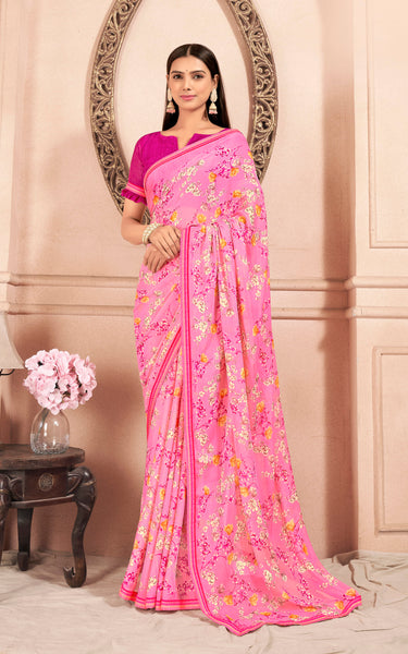 Floral Print Chiffon Saree With Attached Border (Pink)