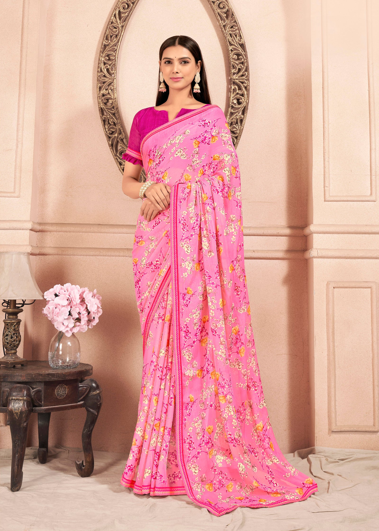 Floral Print Chiffon Saree With Attached Border (Pink)