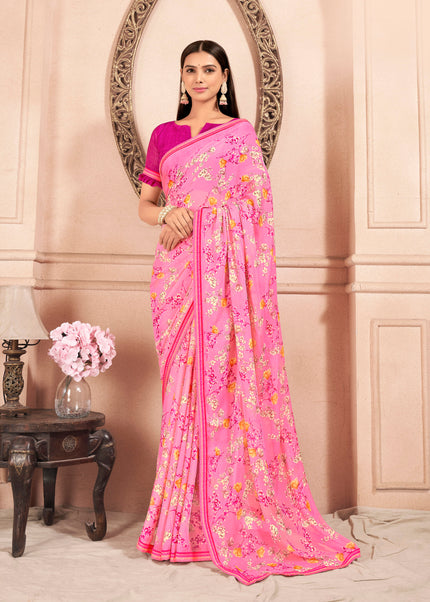 Floral Print Chiffon Saree With Attached Border (Pink)