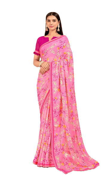 Floral Print Chiffon Saree With Attached Border (Pink)