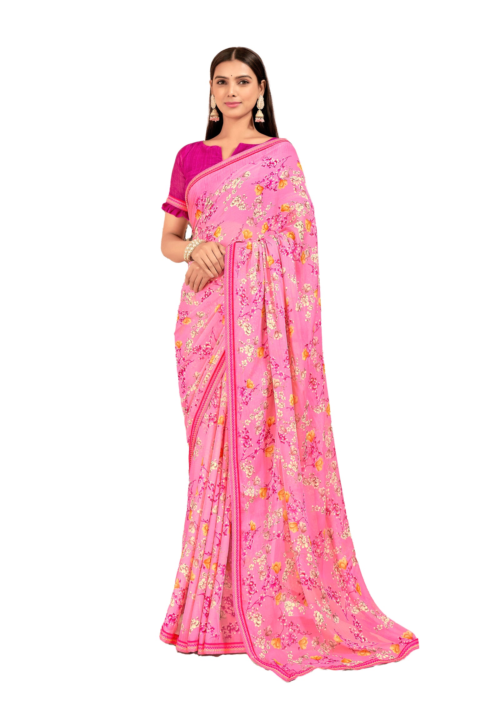 Floral Print Chiffon Saree With Attached Border (Pink)