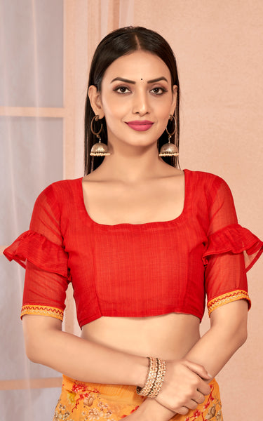 Floral Print Chiffon Saree With Attached Border (Pastel Orange)