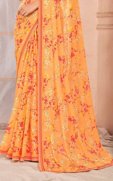 Floral Print Chiffon Saree With Attached Border (Pastel Orange)