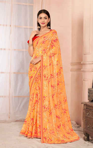 Floral Print Chiffon Saree With Attached Border (Pastel Orange)