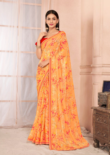 Floral Print Chiffon Saree With Attached Border (Pastel Orange)