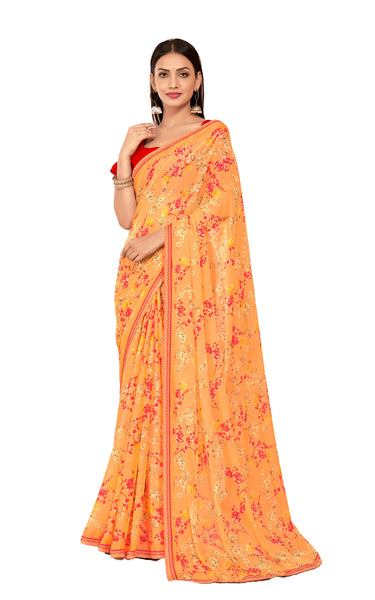 Floral Print Chiffon Saree With Attached Border (Pastel Orange)
