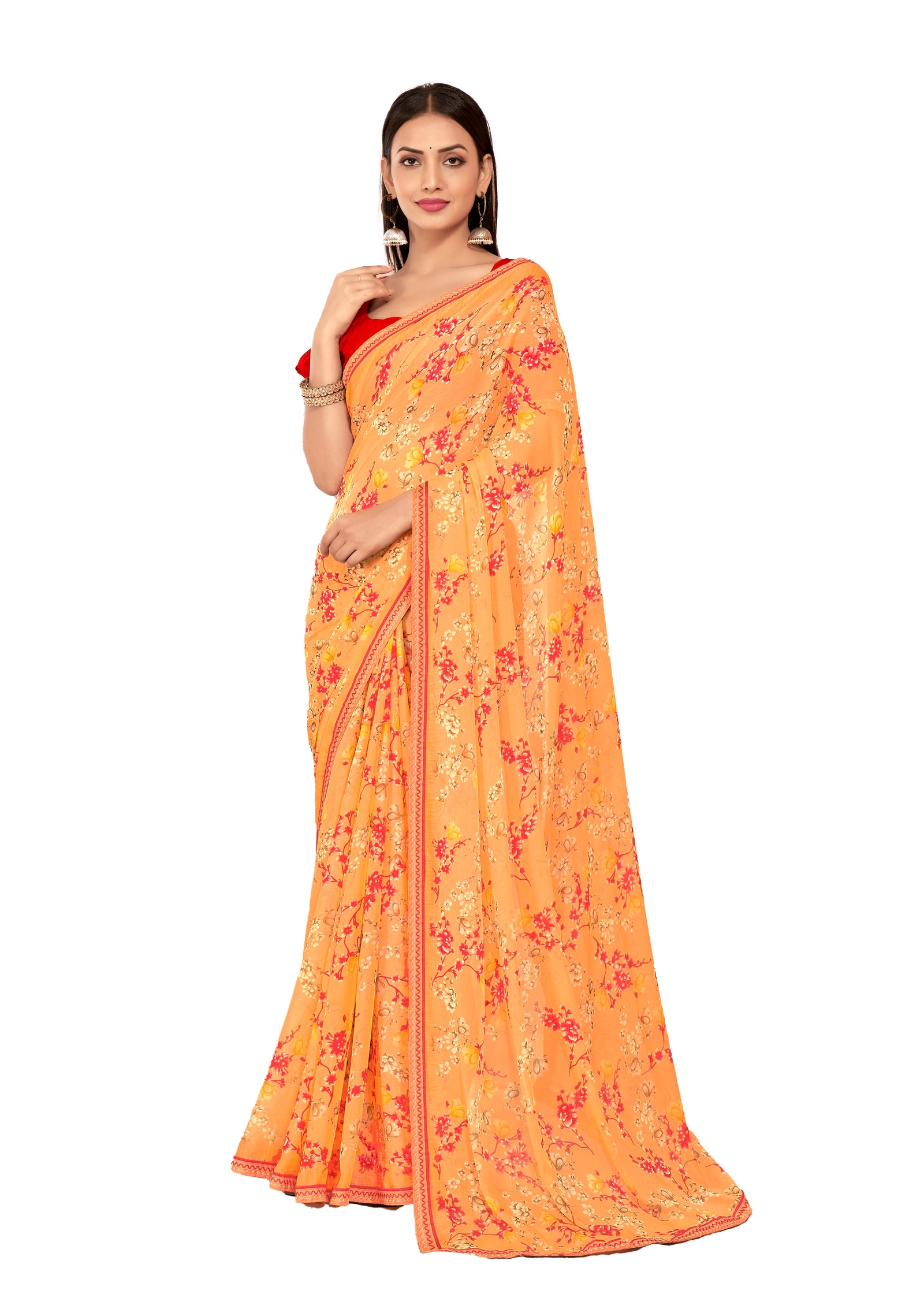 Floral Print Chiffon Saree With Attached Border (Pastel Orange)