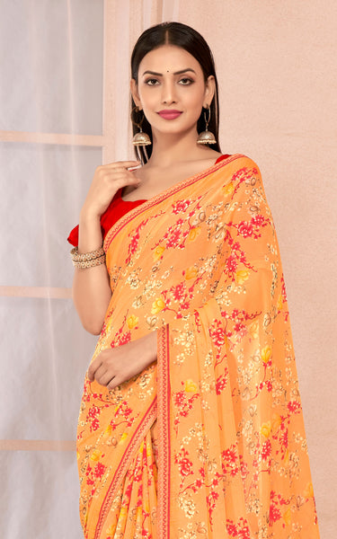 Floral Print Chiffon Saree With Attached Border (Pastel Orange)