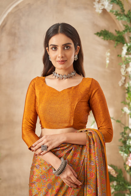 Flower Multi-Coloured Printed, Pure Italian Crape Saree (Orange)