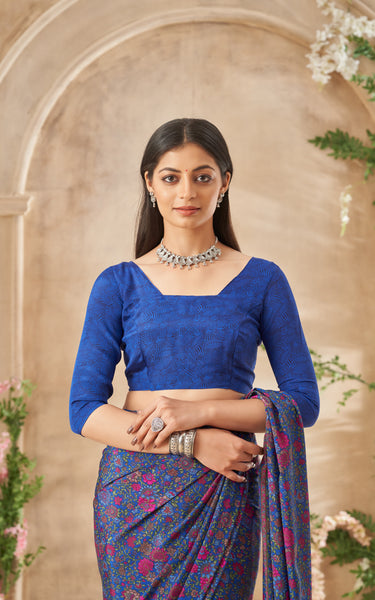 Flower Multi-Coloured Printed, Pure Italian Crape Saree (Blue)