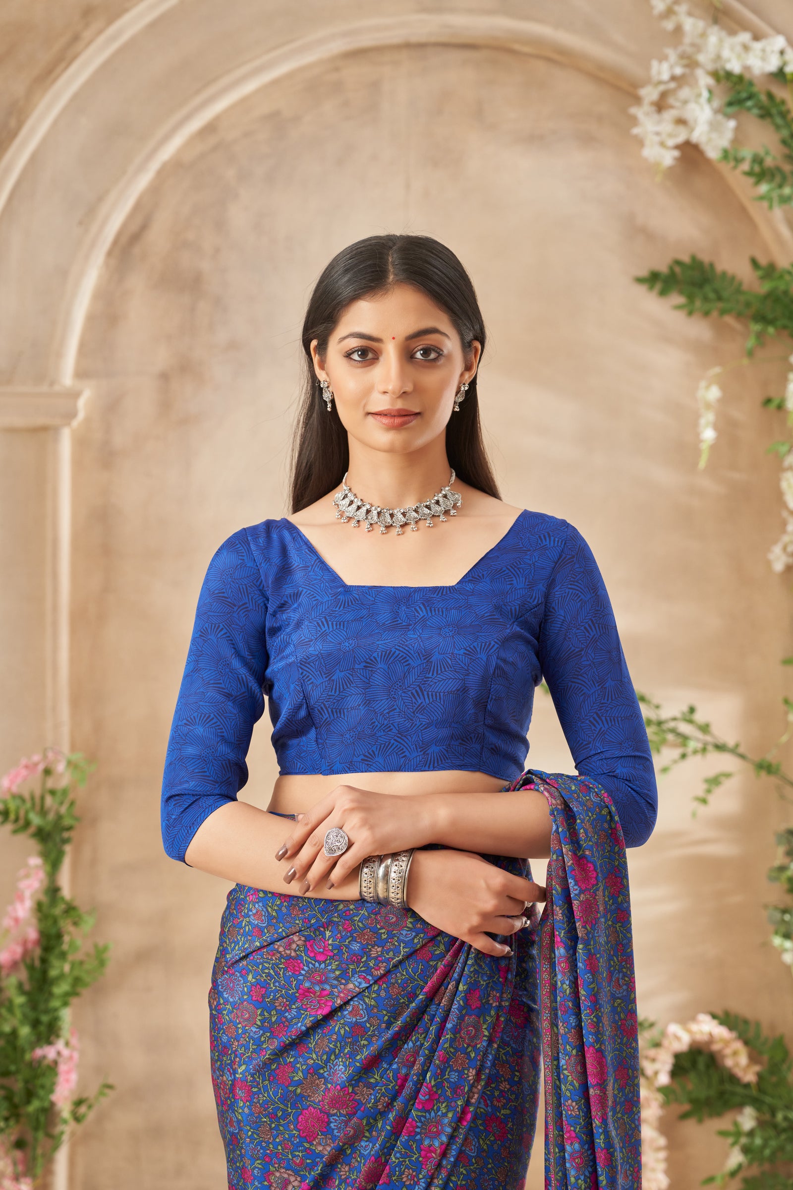 Flower Multi-Coloured Printed, Pure Italian Crape Saree (Royal Blue)