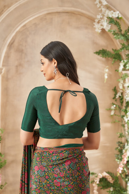 Flower Multi-Coloured Printed, Pure Italian Crape Saree (Green)