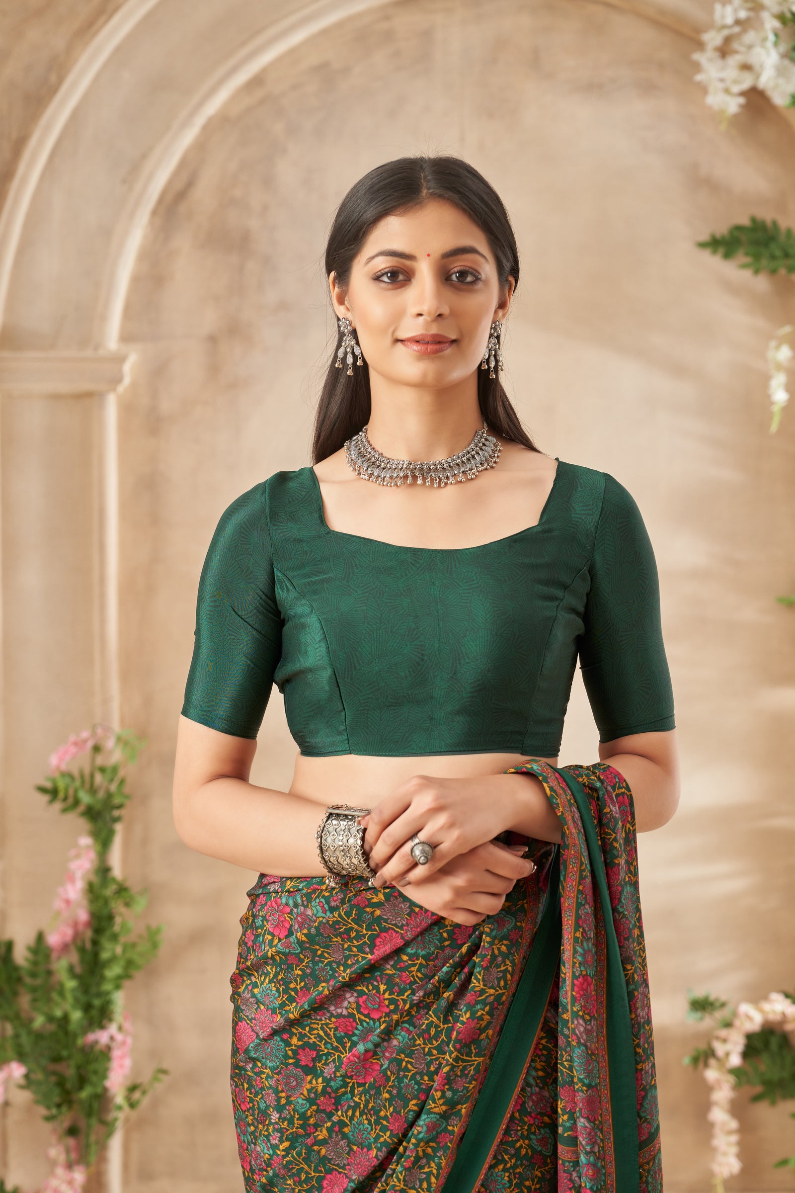 Flower Multi-Coloured Printed, Pure Italian Crape Saree (Green)