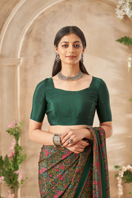 Flower Multi-Coloured Printed, Pure Italian Crape Saree (Green)