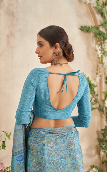 Flower Multi-Coloured Printed, Pure Italian Crape Saree (Auqa Blue)