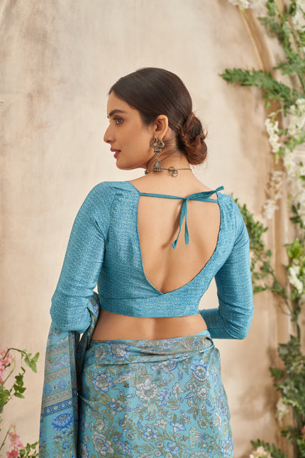 Flower Multi-Coloured Printed, Pure Italian Crape Saree (Auqa Blue)