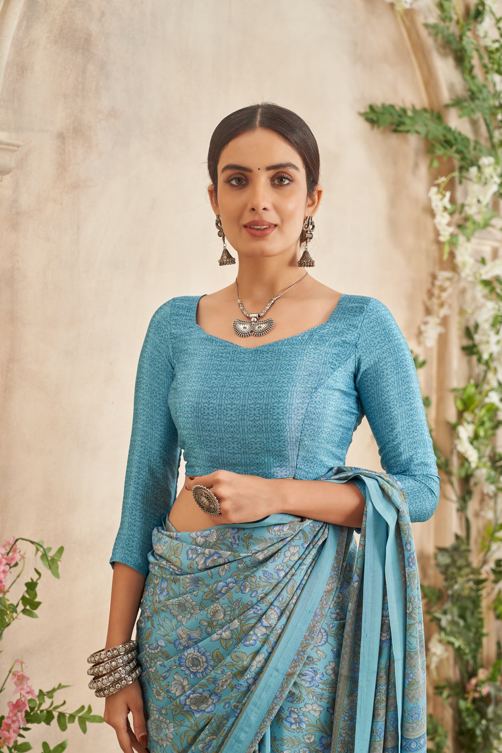 Flower Multi-Coloured Printed, Pure Italian Crape Saree (Auqa Blue)