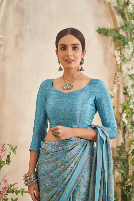 Flower Multi-Coloured Printed, Pure Italian Crape Saree (Auqa Blue)