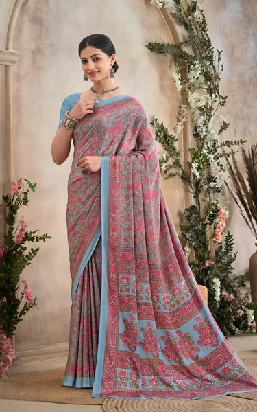 Flower Multi-Coloured Printed, Pure Italian Crape Saree (Sky Blue)