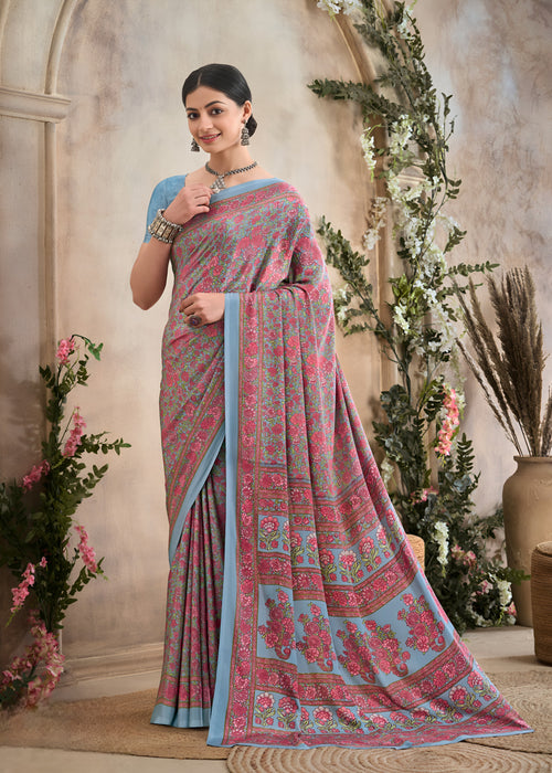 Flower Multi-Coloured Printed, Pure Italian Crape Saree (Sky Blue)