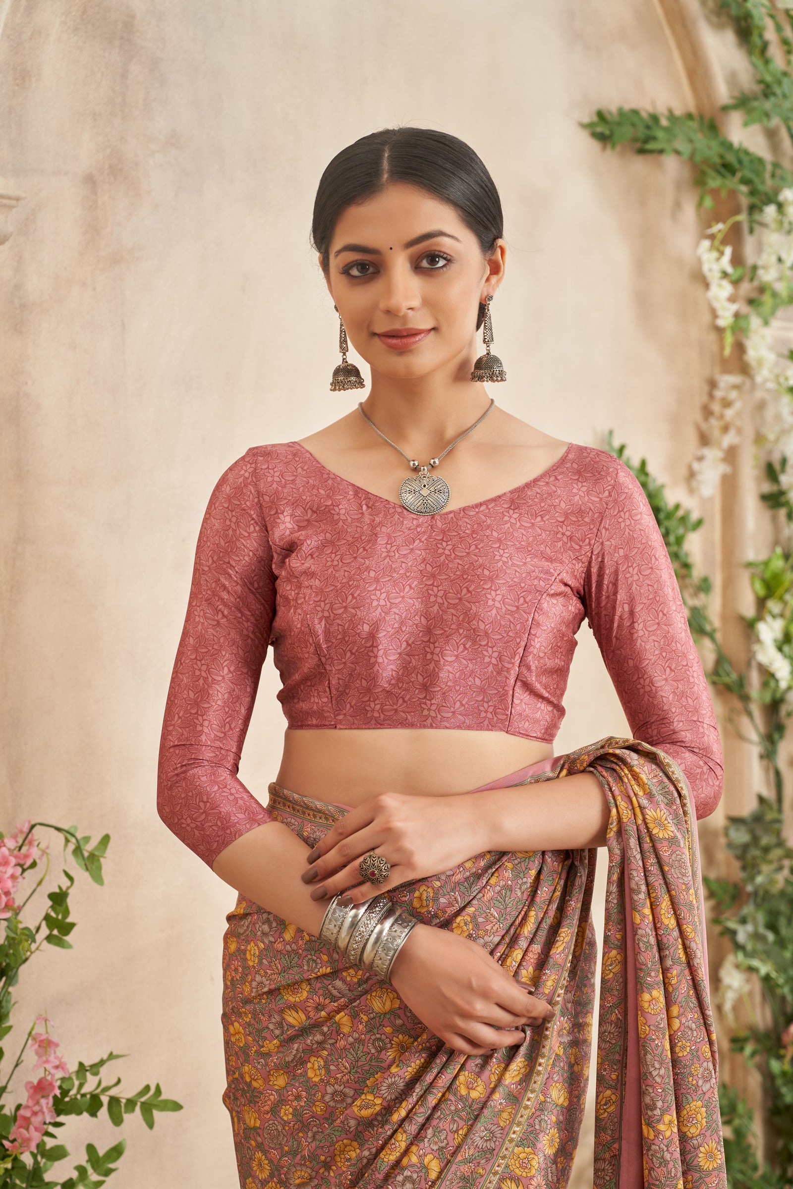 Flower Multi-Coloured Printed, Pure Italian Crape Saree (Pink)