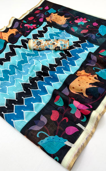 Kazari Print Linen Zari Border Saree (Blue Multicolor)