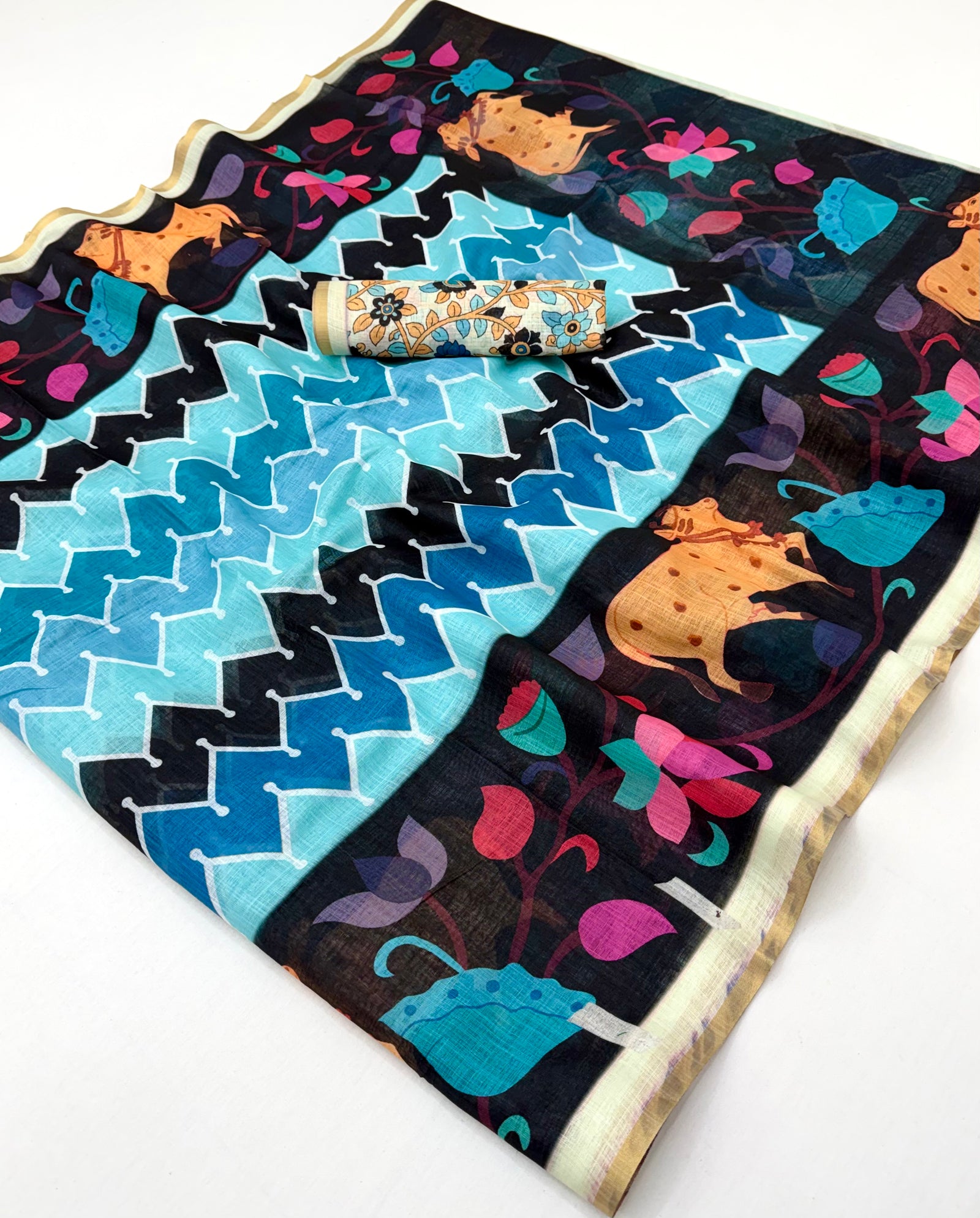 Kazari Print Linen Zari Border Saree (Blue Multicolor)