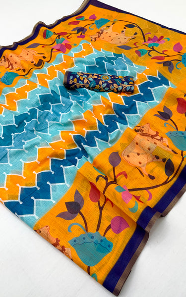Kazari Print Linen Zari Border Saree (Yellow Multicolor)
