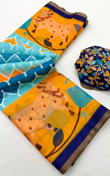 Kazari Print Linen Zari Border Saree (Yellow Multicolor)