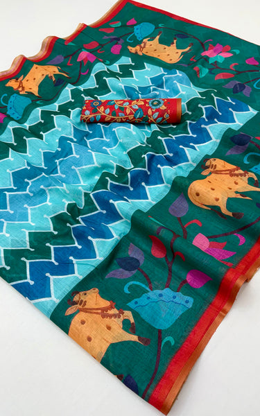 Kazari Print Linen Zari Border Saree (Green Multicolor)