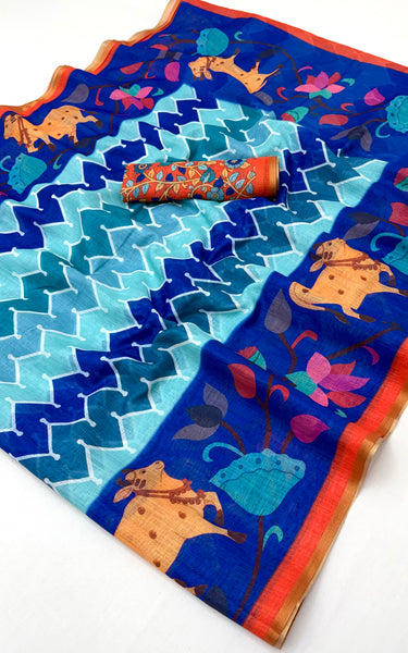 Kazari Print Linen Zari Border Saree (Royal Blue)