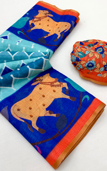Kazari Print Linen Zari Border Saree (Royal Blue)