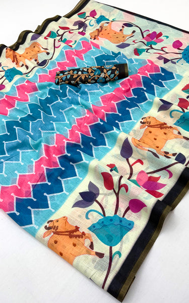 Kazari Print Linen Zari Border Saree (Cream Blue)