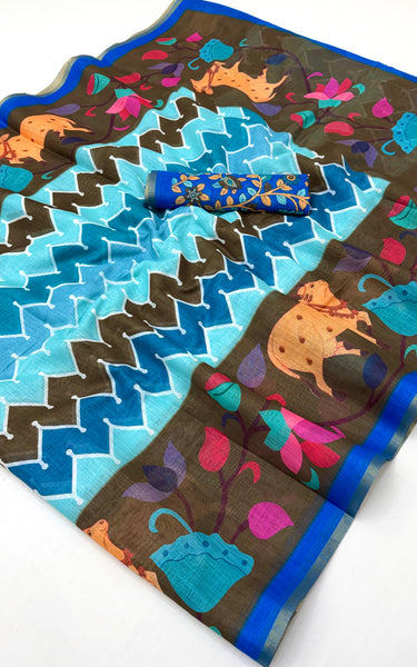 Kazari Print Linen Zari Border Saree (Brown Multicolor)