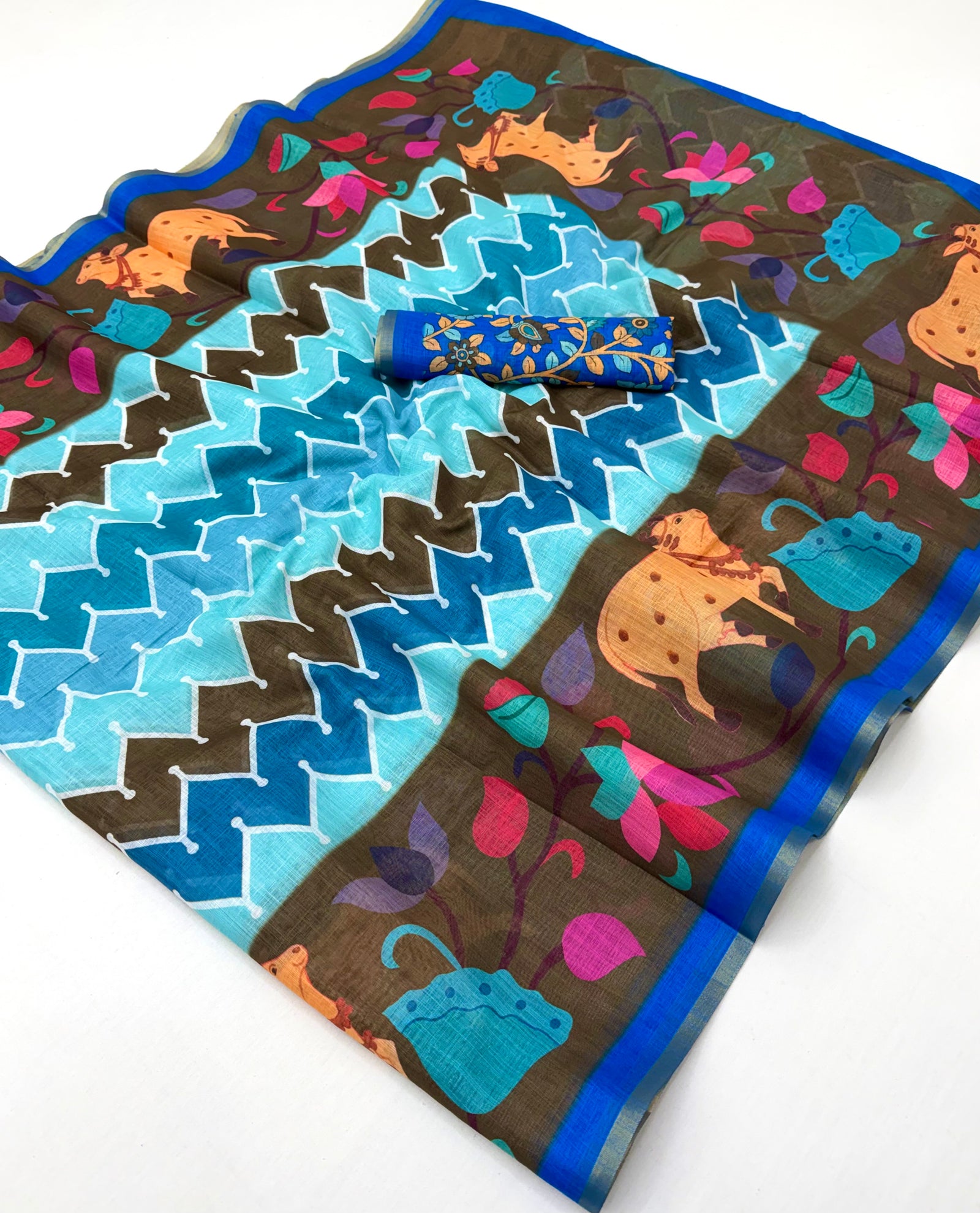 Kazari Print Linen Zari Border Saree (Brown Multicolor)