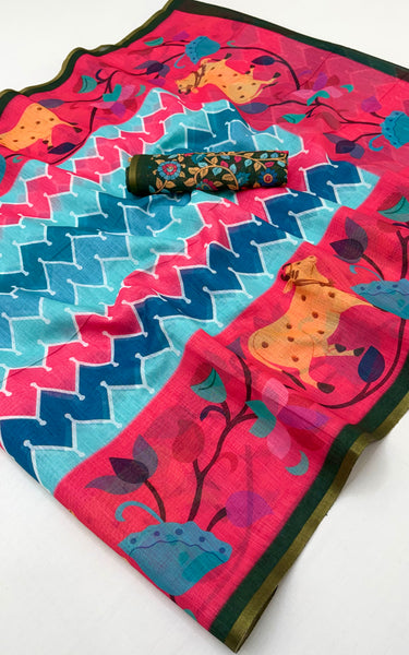 Kazari Print Linen Zari Border Saree (Pink Multicolor)
