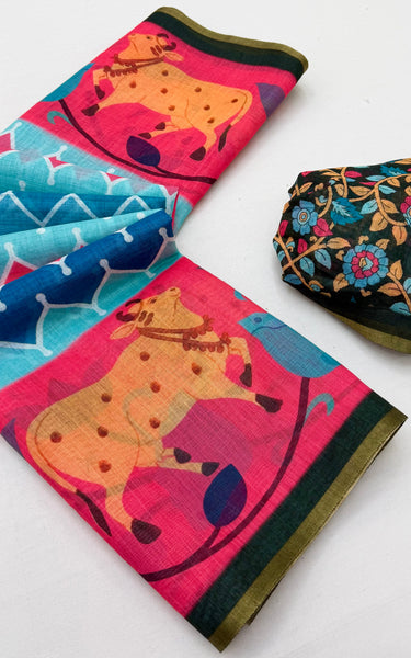 Kazari Print Linen Zari Border Saree (Pink Multicolor)