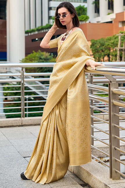 Kanjivaram style, sattin crape silk Saree (Golden)