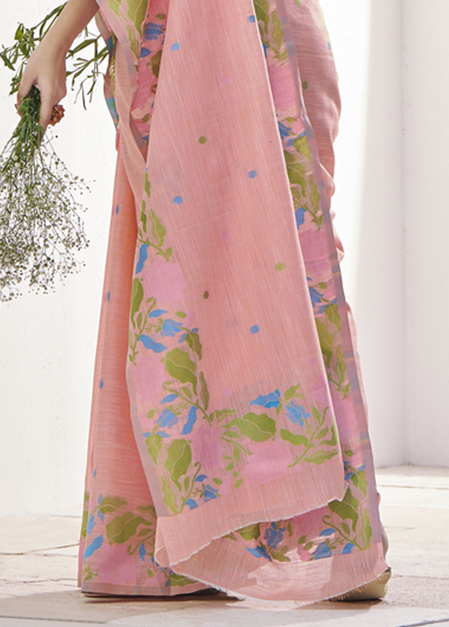 Pure Linen Saree, With All Over Weaving Contrast Border And C Pallu (Peach)