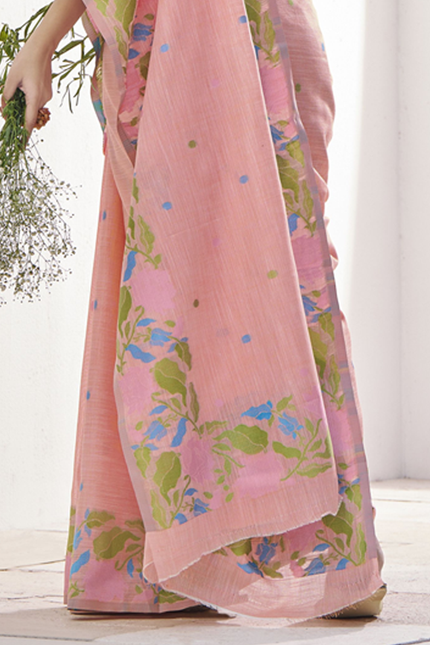 Pure Linen Saree, With All Over Weaving Contrast Border And C Pallu (Peach)