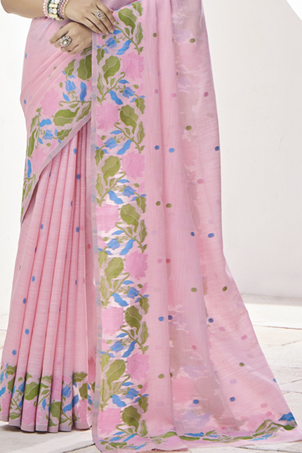 Pure Linen Saree, With All Over Weaving Contrast Border And C Pallu (Pink)