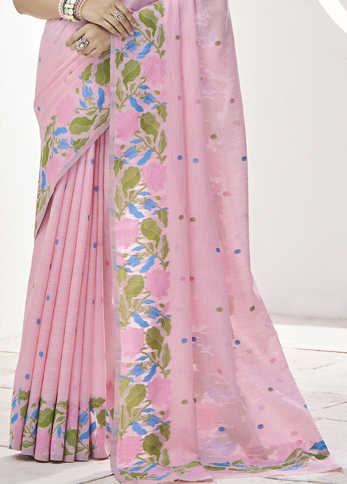 Pure Linen Saree, With All Over Weaving Contrast Border And C Pallu (Pink)
