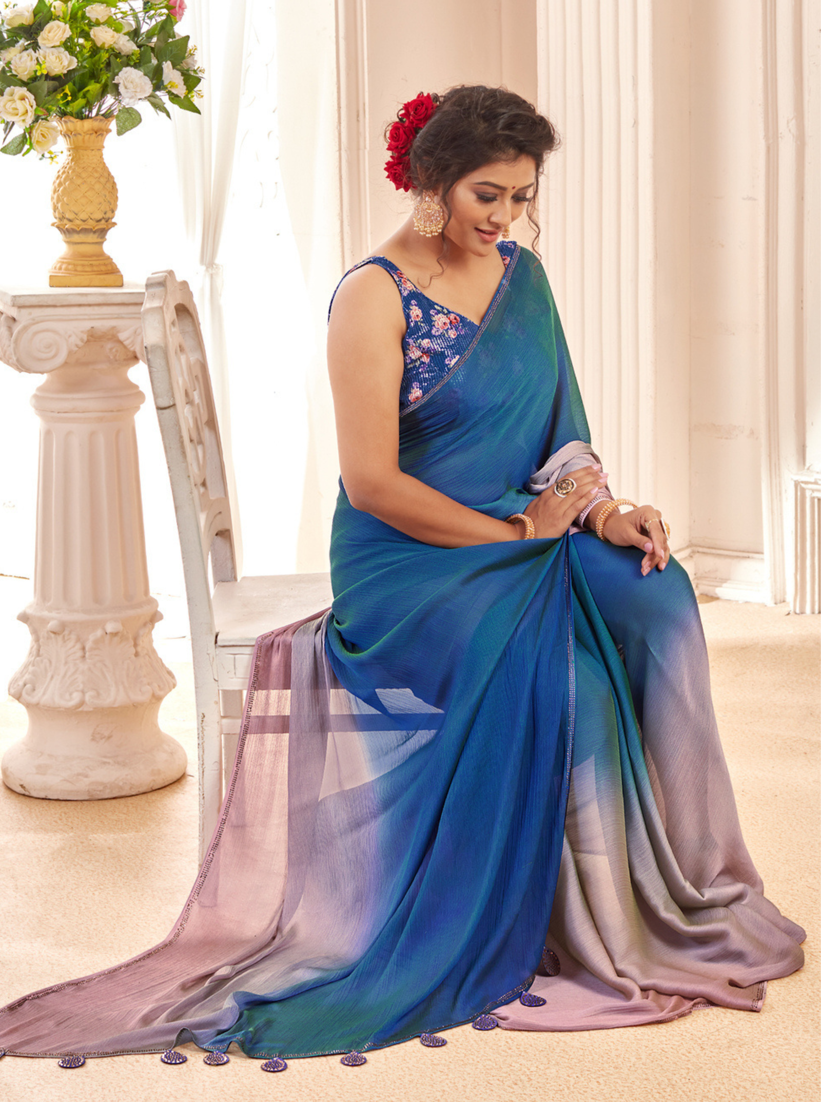 3D Velvet Chiffon Saree with Sequin Blouse