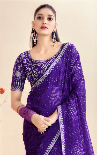 Georgette Cutwork Embroidery Saree Purple Party Wear with Blouse Piece