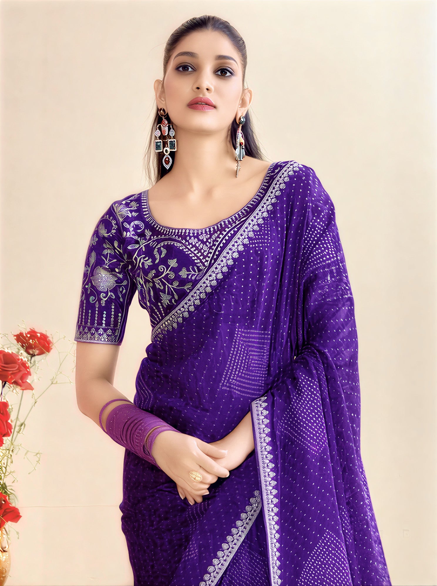 Georgette Cutwork Embroidery Saree Purple Party Wear with Blouse Piece